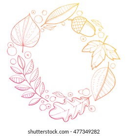 The wreath of fallen leaves. The leaves of trees. Autumn leaves. Circle of leaves. The leaves and berries. Line art. Drawing by hand. Graphic arts. Doodle.