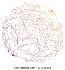 The wreath of fallen leaves. The leaves of trees. Autumn leaves. Circle of leaves. The leaves and berries. Line art. Drawing by hand. Graphic arts. Doodle.