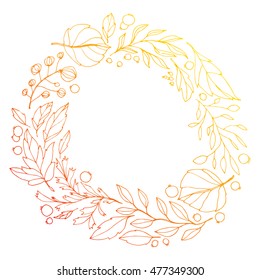 The wreath of fallen leaves. The leaves of trees. Autumn leaves. Circle of leaves. The leaves and berries. Line art. Drawing by hand. Graphic arts. Doodle.