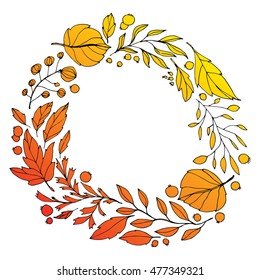 The wreath of fallen leaves. The leaves of trees. Autumn leaves. Circle of leaves. The leaves and berries. Line art. Drawing by hand. Graphic arts. Doodle.