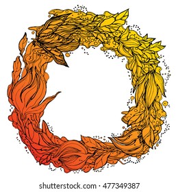 The wreath of fallen leaves. The leaves of trees. Autumn leaves. Circle of leaves. The leaves and berries. Line art. Drawing by hand. Graphic arts. Doodle.