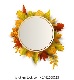 Wreath with  falling leaves. Place for text. Vector illustration for flyer, party invitation, seasonal sale, wedding, web, fall festival. Design element isolated on white background. Circle concept.