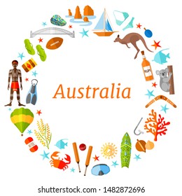 A wreath of famous australian symbols. Vector round frame with place for text. Template for a tourist theme. Border travel to Australia.