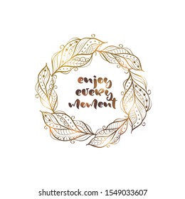 Wreath with feathers, golden ethnic feathers, boho style, circle frame with place for text, isolated on white background