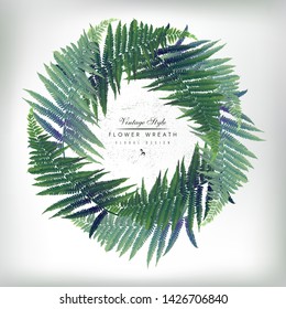 Wreath of fern, can be used as greeting card, invitation card for wedding, birthday and other holiday and  summer background. Vector
