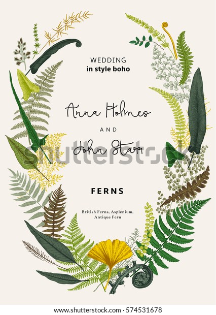 シダの花輪が残る 結婚式の招待状をボホの形で ベクター植物学のビンテージイラスト カラフル のベクター画像素材 ロイヤリティフリー