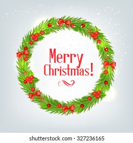 wreath of fir branches with Christmas holly, vector illustration