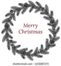 A wreath of fir with cones. Christmas vector wreath hand-drawn. Sketch of a wreath of pine branches and cones. For the design of Christmas cards, gifts, advertising. Black and white drawing.