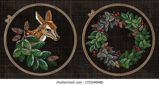 Сhristmas wreath from fir tree branches and deer. Embroidery collection. Happy new year, xmas festive concept. Fashion template tambour frame with a canvas, elements from stitches. Art for clothes 