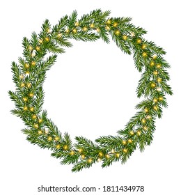 Wreath of fir tree branches with luminous garland. Christmas frame with glowing lights for greeting New Year and Christmas cards, banners, invitations