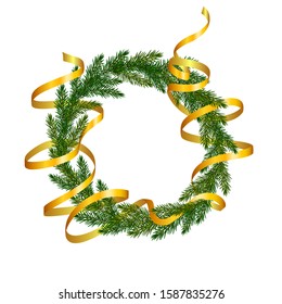 Wreath of fir tree realistic branches with a golden ribbon wrapping around it. Christmas tree branches frame for greeting New Year and Christmas cards, banners, invitations