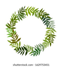 Wreath from flat leaf branches on white isolated background. Different shadows of green. Suitable for invitation, postcard, poster.