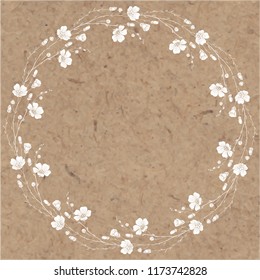 Wreath with flax flowers on kraft paper. Vector round frame with place for text.  Greeting card, invitation or isolated elements for design.