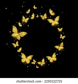 wreath of a flock of golden butterflies flying in a circle on a black background