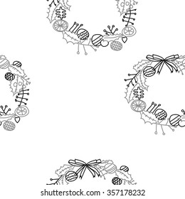 Wreath with floral motifs, branches, balls, leaves, bow, Christmas  seamless pattern. Hand drawn.