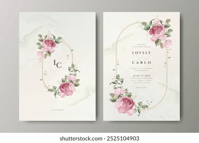 Tarjeta floral de la invitación de boda de la acuarela de la corona con la línea de oro