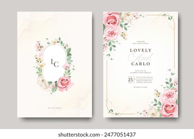 Plantilla floral de la tarjeta de boda de la corona con flores y hojas de rosas