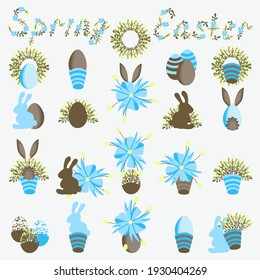 Wreath flower bush branches in a bucket eggs rabbits lettering Spring and Easter in chocolate blue tones on a white background. Vector illustration of a thematic character for postcard stickers e-mail