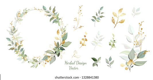 Wreath. Flower frame with gold and green leaves. Vector Invitation design. Set of leaves. Background to save the date.Greeting card. Vector.