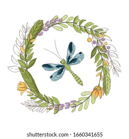 Wreath flower and leaves with dragonfly. Vector illustration
