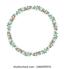 A wreath of flowers of berries and leaves of strawberries and wild strawberries. 
Template for design, embroidery, banners, cards, posters, etc. Vector illustration.
