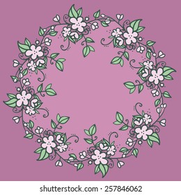 wreath of flowers blossom on pink background. Spring vector pattern