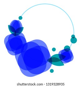 A wreath of flowers in blue and turquoise palettes.Geometric wreath of flowers for a card or invitation.Wreath with three flowers and bud.