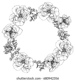Wreath of flowers. Central circular composition. Delicate image of flowers. Place for the text. Flowers outline. Black thin pen and ink. Vector graphics. Engraving. Ready-made postcard design.