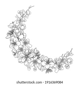 Wreath with flowers. Circle, round composition with sakura, cherry, apple blossoms. Decorative element for card, invitation, wedding, birthday, logo, branding design. Spring illustration.