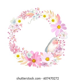 Wreath with flowers Cosmos, Chamomiles and bird Robin. Vector illustration in vintage watercolor style.