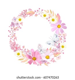 Wreath with flowers Cosmos, Chamomiles and butterflies. Vector romantic illustration in vintage watercolor style.