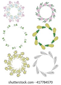 Wreath of flowers. Decorative flowers. Stylized plants. Spring flowers. Black and white drawing by hand. Graphic arts. Line art. Set.