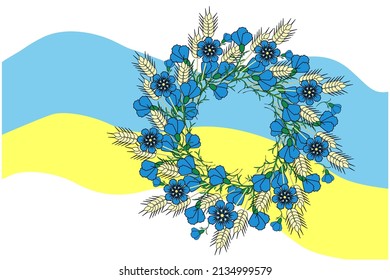 Una corona de flores y orejas de trigo contra el fondo de la bandera ucraniana. Ilustración vectorial para afiches, pancartas, postales