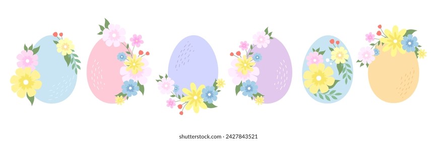 Wreath of flowers with Easter eggs. Set of six colorful eggs for Easter Day.