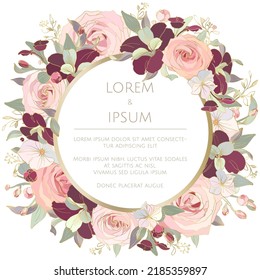 Wreath of flowers with golden outline. Wedding card template. 