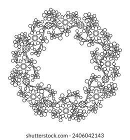 Wreath of flowers -  hand drawn black and white vector illustration.