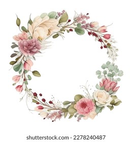 Wreath with flowers, leaves and branches in vintage watercolor style. Vector circle frame