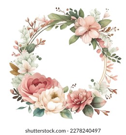 Wreath with flowers, leaves and branches in vintage watercolor style. Vector circle frame