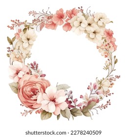 Wreath with flowers, leaves and branches in vintage watercolor style. Vector circle frame