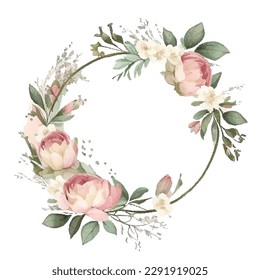 Wreath with flowers, leaves and branches in vintage watercolor style. Vector circle frame