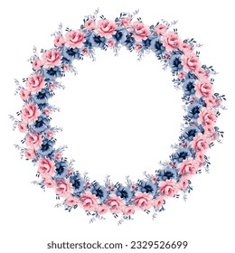 Wreath with flowers, leaves and branches in vintage watercolor style. Vector circle frame, Vintage blue and pink flowers.