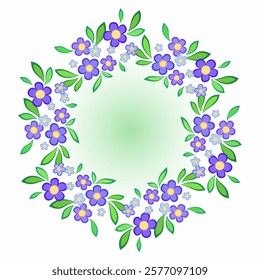 Wreath of flowers and leaves in folk style. Flowers in shadows of purple on light background. Romantic graceful floral illustration. Delicate spring bouquet of plant. Summer mandala.