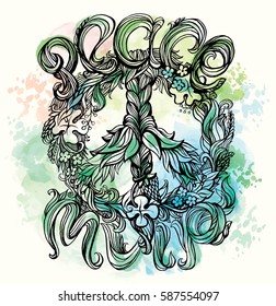 Wreath of flowers and leaves in the form of Pacific Peace Hippie Symbol with an inscription in Russian and in English. Freedom, spirituality, occultism,textiles art. Vector illustration.t-shirt print,