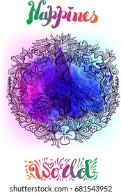 Wreath of flowers and leaves in the form of Pacific Peace Hippie Symbol. Freedom, spirituality, occultism, textiles art.Happiness world handcrafted lettering.Boho floral pattern. wreath of leaves