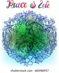 Wreath of flowers and leaves in the form of Pacific Peace Hippie Symbol. Freedom, spirituality, occultism, textiles art.Happiness world handcrafted lettering.Boho floral pattern. wreath of leaves