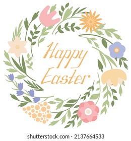wreath of flowers and leaves with the inscription happy easter