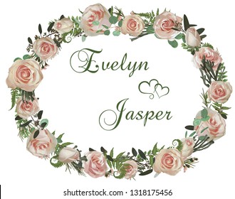 Wreath with flowers and leaves isolated on white background. Botanical illustration. Boxwood, eucalyptus, brunia, forest fern and pink rose. Invitations, cards. Design elements. Vector

