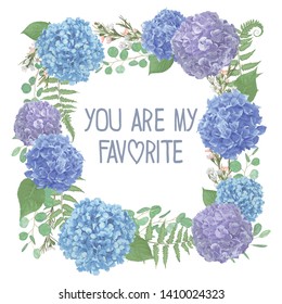 Wreath with flowers and leaves isolated on background. leaves, branches eucalyptus, gaultheria, salal, chamaelaucium, fern.Blue, purple, of flowers hydrangea.Invitations, square cards. Design elements
