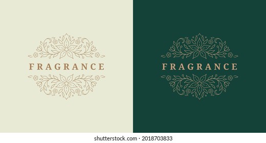 Wreath with flowers logo emblem design template vector illustration in minimal line art style. Linear floral silhouette for natural cosmetics logotype or florist brand insignia