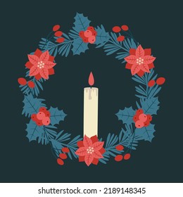Сhristmas wreath with flowers, mistletoe, berries, pine branches. Vector clip art in flat style for greeting card, new year’s invitation, winter holiday stickers.